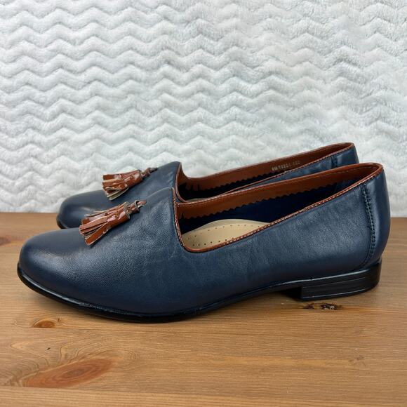 Trotters Womens Liz Tassel Loafers Navy Leather Brown Comfort Flat Shoes Sz 8M - Picture 3 of 11